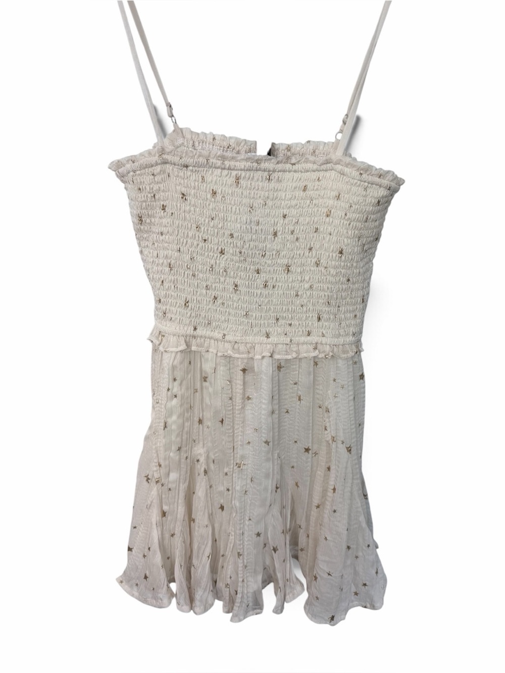Storia M Ivory Gold Star Mini Dress Smocked Ruffle Celestial Fairy Boho